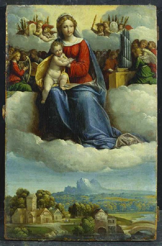 Madonna mit Kind umgeben von musizierenden Engeln über einer Waldlandschaft. a Garofalo