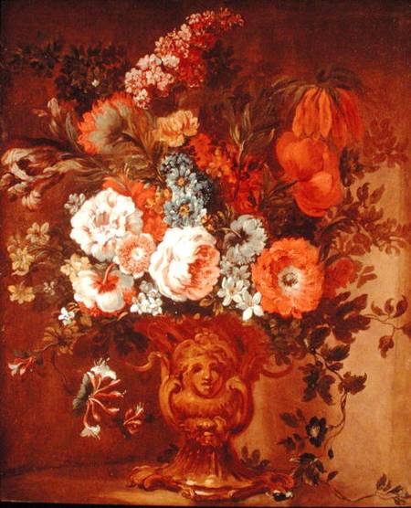 Roses, Poppies, Honeysuckle, Stock and Other Flowers in a Sculpted Vase a Gaspar Peeter d.J Verbruggen