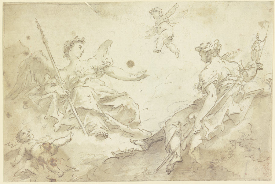Zwei allegorische Frauenfiguren mit Putten auf Wolken (Virtù und Nobilità) a Gaspare Diziani