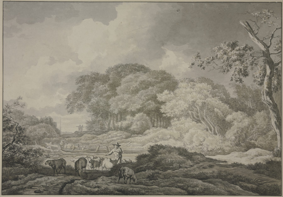 Baumpartie, vorne eine Schafherde, hinten an einem Zaun ein Wagen mit zwei Pferden a Geerlig Grijpmoed