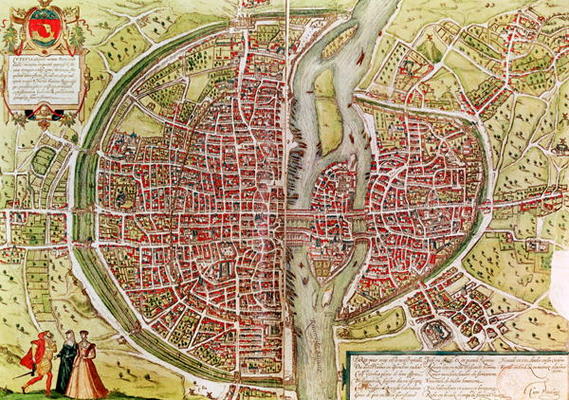 Map of Paris from 'Civitates orbis terrarrum' by Georg Braun (1541-1622) and Franz Hogenbergh (1540- a Georg Braun