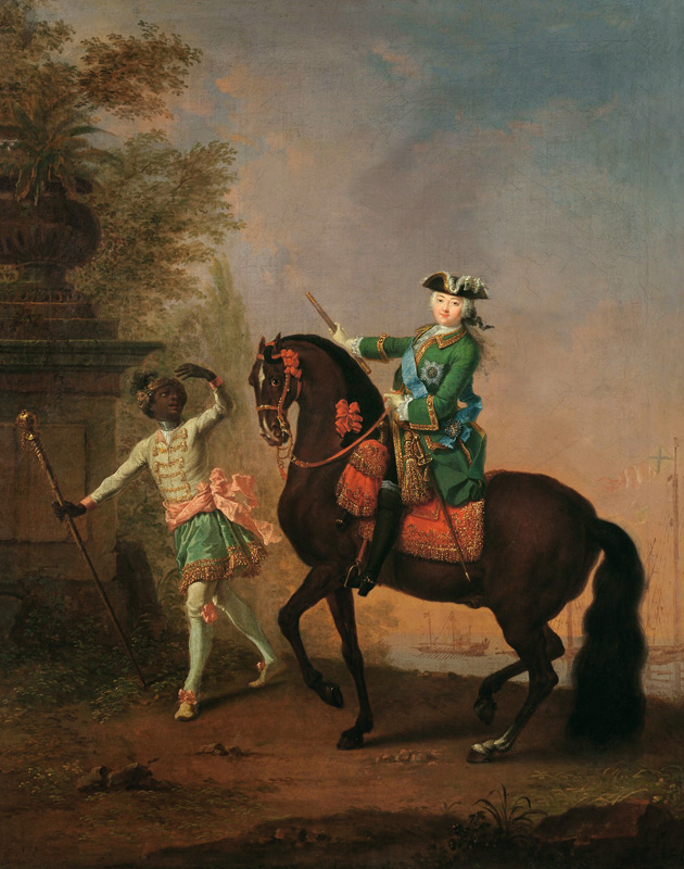 Portrait of Empress Elizabeth Petrovna (1709-62) on Horseback with a Negro Boy a Georg Christoph Grooth