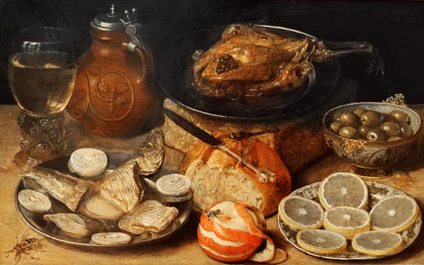 Great quiet life with fish, chicken and lemon slices a Georg Flegel