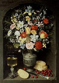 Bouquet of flowers being in a niche in a silver jug. a Georg Flegel
