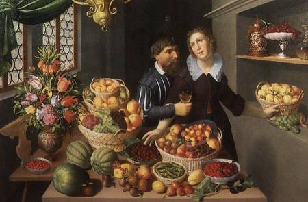 Man and Woman Before a Table Laid with Fruits and Vegetables a Georg Flegel