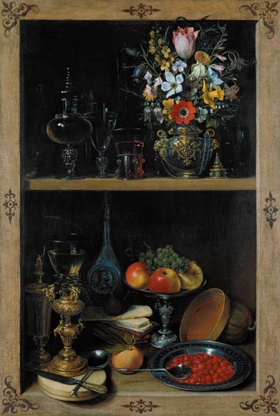 Shelf with flower vase and fruits a Georg Flegel