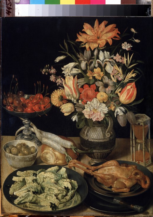 Still life with flowers and snack a Georg Flegel