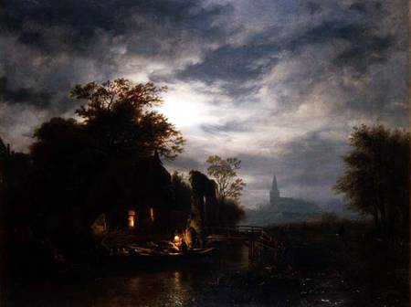 Moonlit river scene with figures unloading a boat a Georg Gillis van Haanen