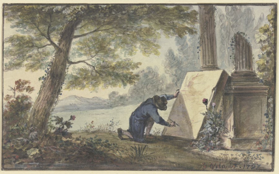 Landschaftsmaler beim Malen unter einem Baum bei zwei Säulenfragmenten a Georg Karl Urlaub