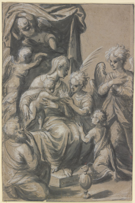 Die Heilige Familie mit dem Johannesknaben unter einem Baldachin, von vier Engeln umgeben, ein Engel a Georg Kopp d. Ä.