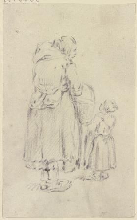 Alte Frau mit Henkelkorb, rechts neben ihr ein kleines Mädchen, beide vom Rücken gesehen