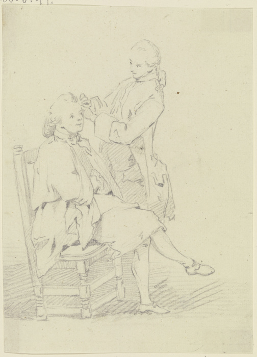 Auf einem Stuhl sitzender junger Mann, der von einem stehenden Mann frisiert wird a Georg Melchior Kraus