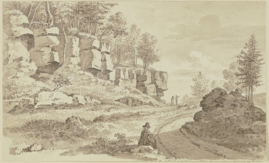 Baumbestandene Felspartie links neben einem Weg, im Vordergrund in Rückenansicht eine Zeichnerin a Georg Melchior Kraus