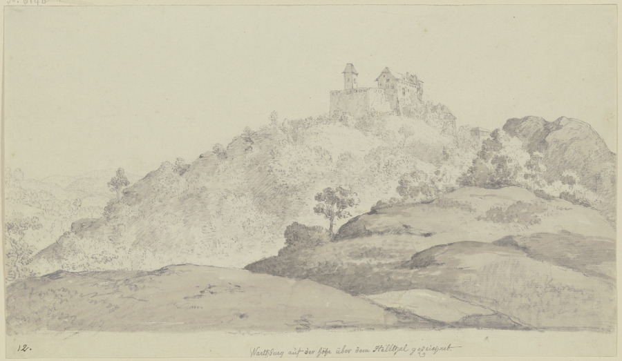 Blick auf die Wartburg von einer hügeligen Gegend aus, über der sich der Berg mit der Burg erhebt a Georg Melchior Kraus