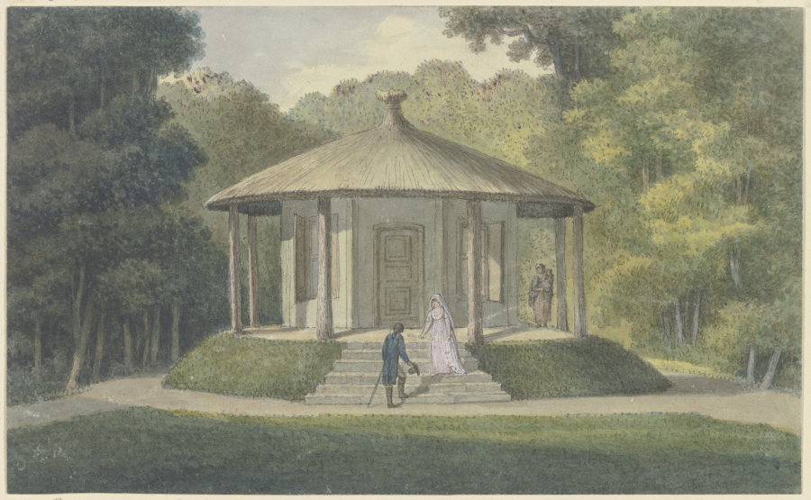 Der Pavillon im Ettersburger Park bei Weimar, auf der Treppe die Herzogin Anna Amalia, einen Herrn b a Georg Melchior Kraus