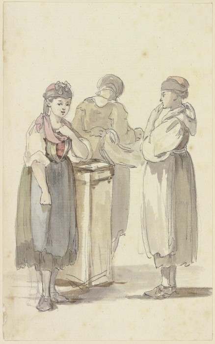Drei stehende Bäuerinnen, die linke von vorne, die mittlere vom Rücken, die rechte im Profil nach li a Georg Melchior Kraus