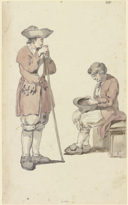 Ein junger und ein alter Schweizer Bauer, der junge stehend mit einem Stab, der alte sitzend a Georg Melchior Kraus