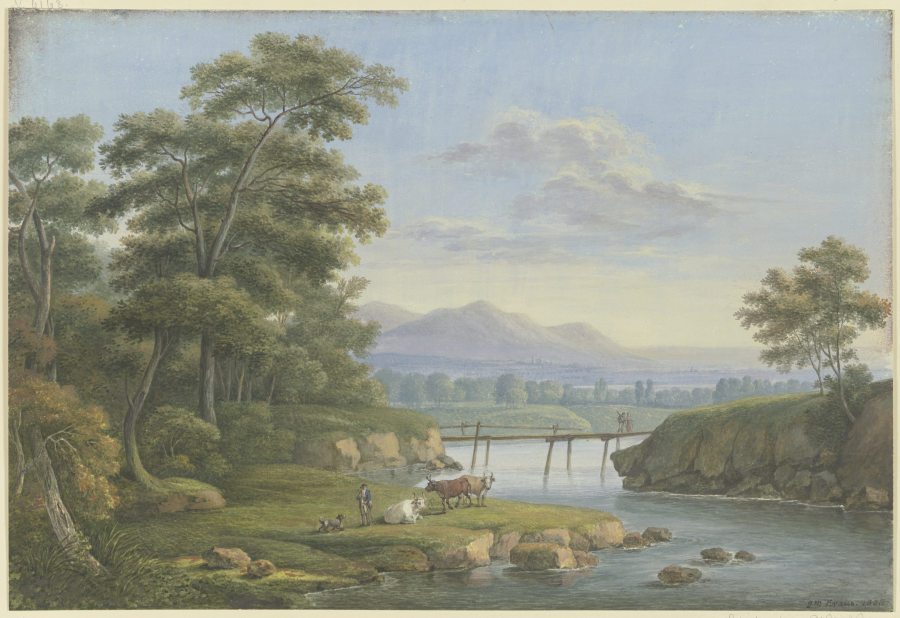 Flußtal mit felsigem Ufer, im Hintergrund Gebirge a Georg Melchior Kraus