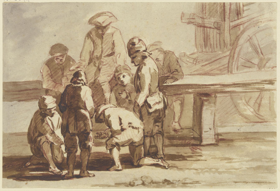 Gruppe von acht Knaben beim Spiel, stehend, kniend und auf einer Balustrade sitzend a Georg Melchior Kraus