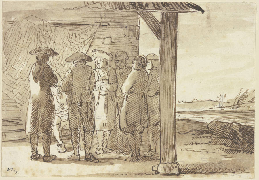 Gruppe von sieben Männern im überdachten Vorbau eines Hauses a Georg Melchior Kraus