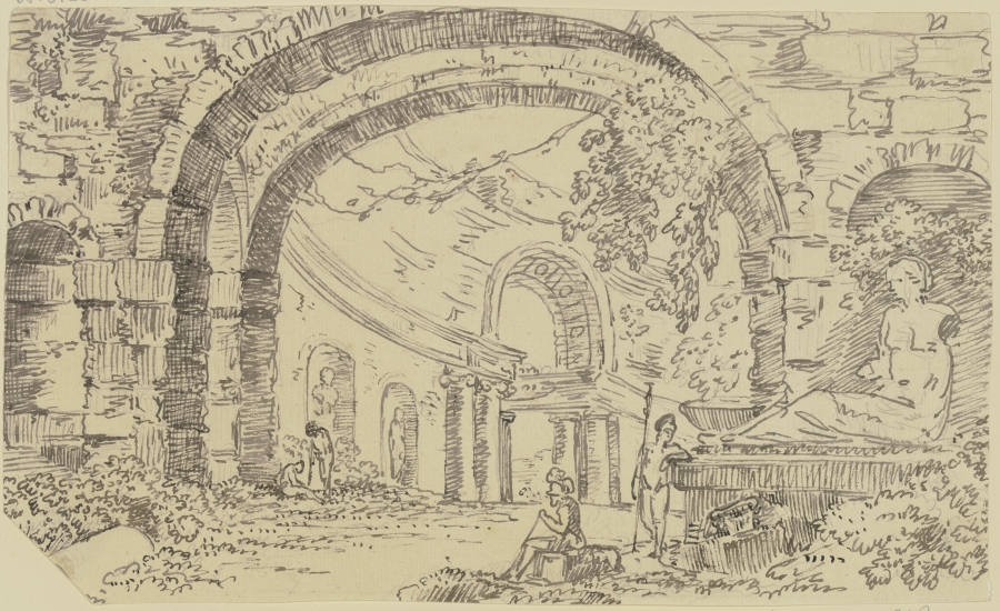 Römische Ruinen mit Bogen und Nischen, im Vordergrund zwei Krieger, rechts ein Monument mit einer si a Georg Melchior Kraus