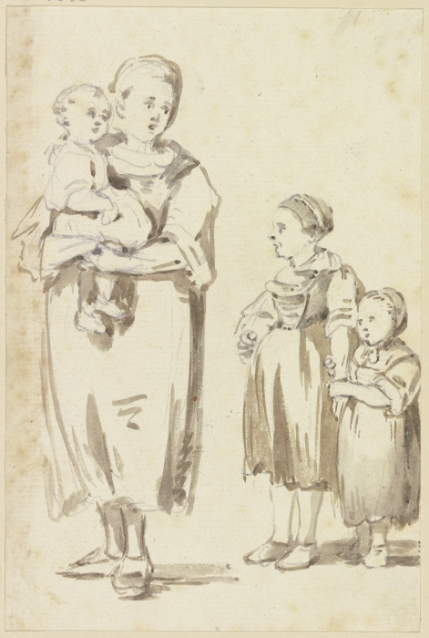 Stehende junge Frau mit einem Kind auf dem Arm, rechts neben ihr zwei weitere Kinder a Georg Melchior Kraus