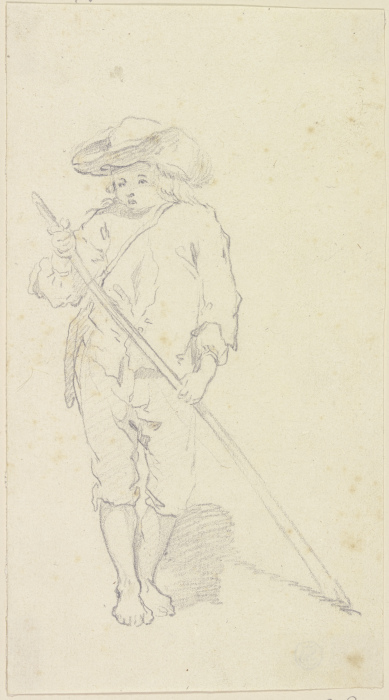 Stehender barfüßiger Knabe mit breitkrempigem Hut und einem Stab a Georg Melchior Kraus