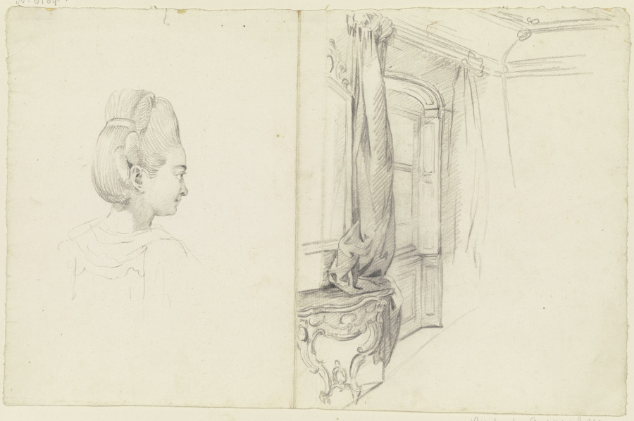 Studienblatt: Weiblicher Kopf mit Hochsteckfrisur, Interieur eines Rokoko-Zimmers a Georg Melchior Kraus