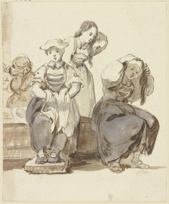 Vier junge Mädchen bei einem Brunnen, zwei von ihnen ordnen sich die Haare a Georg Melchior Kraus