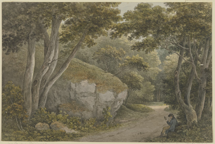 Weg in einem Park, links ein Felsblock a Georg Melchior Kraus
