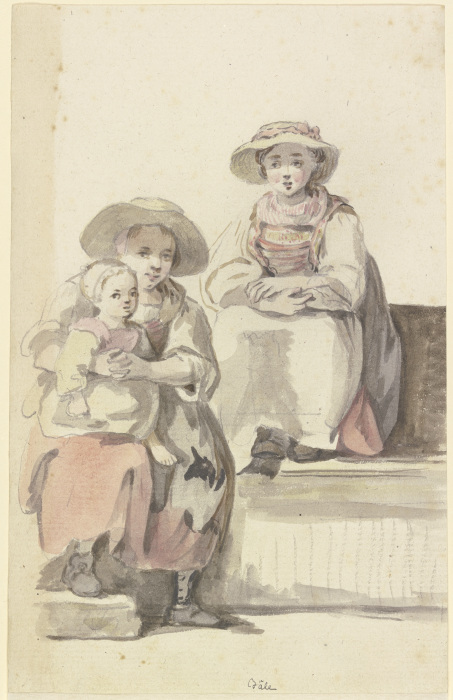 Zwei junge Bäuerinnen in Basel, die eine mit einem Kind auf dem Schoß a Georg Melchior Kraus