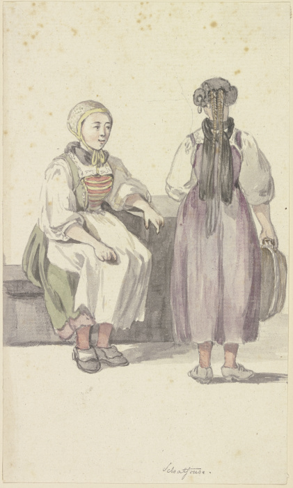 Zwei junge Bäuerinnen in Schaffhausen, die linke sitzend, die rechte in Rücknansicht stehend a Georg Melchior Kraus