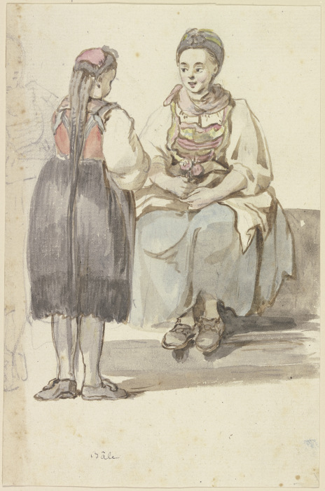 Zwei Schweizer Bäuerinnen, die linke stehend, vom Rücken gesehen, die rechte sitzend, von vorne a Georg Melchior Kraus