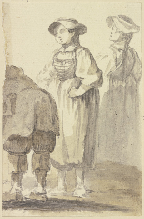 Zwei stehende Mädchen und ein - vom linken Bildrand überschnittener - sich bückender Mann, der vom R a Georg Melchior Kraus