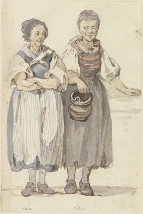 Zwei stehende Schweizer Bäuerinnen, von vorne gesehen a Georg Melchior Kraus