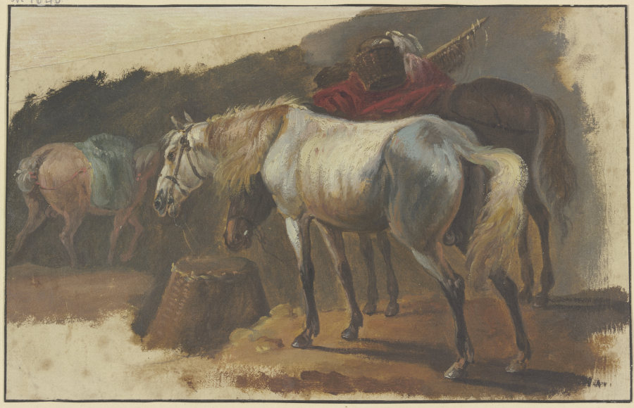 Ein Schimmel und ein bepackter Brauner an einem Korb stehend, im Hintergrund ein drittes Pferd mit b a Georg Philipp Rugendas il vecchio