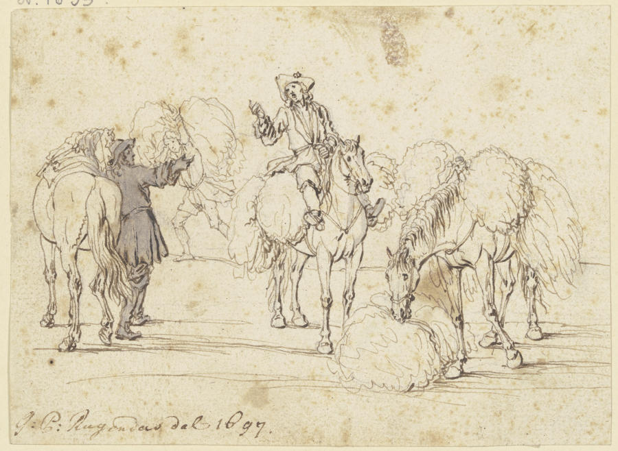 Zwei furagierende Reiter mit drei Pferden a Georg Philipp Rugendas il vecchio