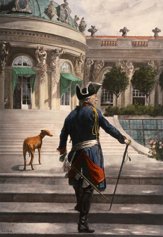 Der Alte Fritz mit seinem Windspiel auf den Terrassen von Sanssouci. a Georg Schöbel