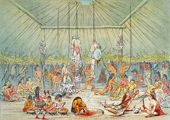 Mandan ceremony (colour litho) a George Catlin