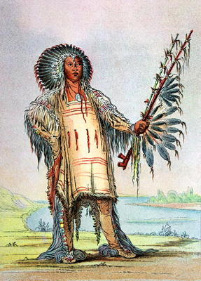 Mandan Indian Ha-Na-Tah-Muah, Wolf chief (colour litho) a George Catlin