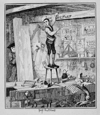 Jack carves his name on a beam in the shop of his former employer, illustration from 'Jack Sheppard: a George Cruikshank