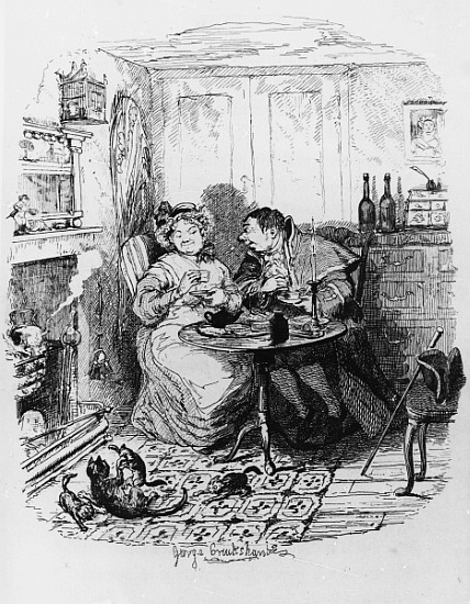 Mr Bumble and Mrs Corney taking tea, from ''The Adventures of Oliver Twist'' Charles Dickens (1812-7 a George Cruikshank