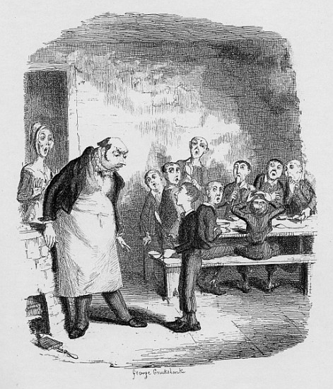 Oliver asking for more, from ''The Adventures of Oliver Twist'' Charles Dickens (1812-70) 1838, publ a George Cruikshank