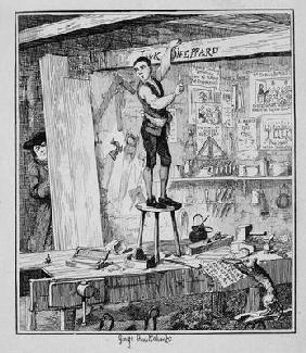 Jack carves his name on a beam in the shop of his former employer, illustration from 'Jack Sheppard: