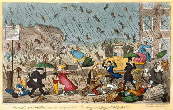 Very Unpleasant Weather, or the Old Saying verified Raining Cats, Dogs and Pitchforks! , pub. G. Hum a George Cruikshank