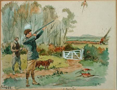 The Month of October: Pheasant Shooting (pen & ink and w/c on paper) a George Derville Rowlandson