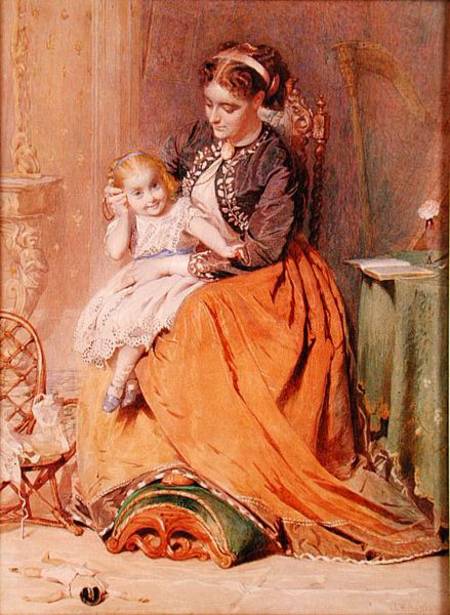 "Tick, Tick, Tick" - a girl sitting on her mother's lap listening to her gold watch ticking a George Elgar Hicks