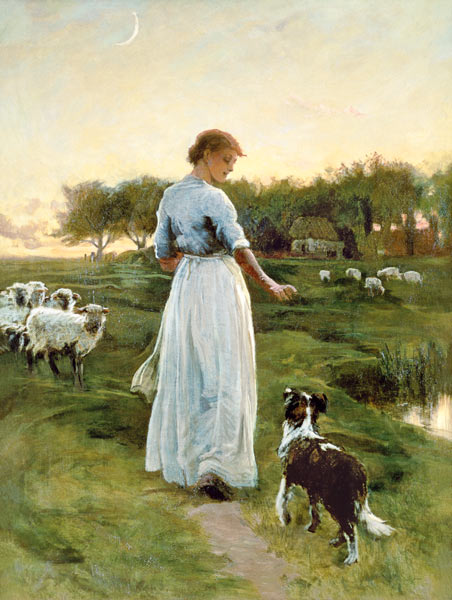 A Shepherdess with her Dog and Flock in a Moonlit Meadow a George Faulkner Wetherbee