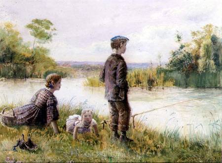 Children fishing by a stream a George Goodwin Kilburne