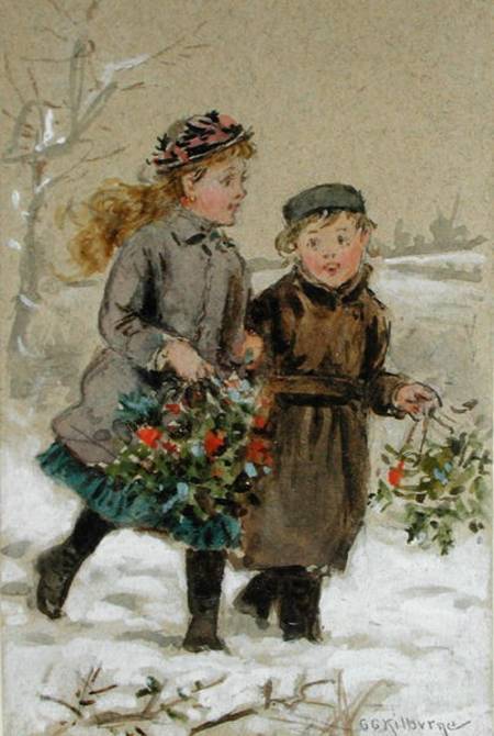 Children Playing in the Snow - Collecting Holly (w/c heightened with white on paper) a George Goodwin Kilburne